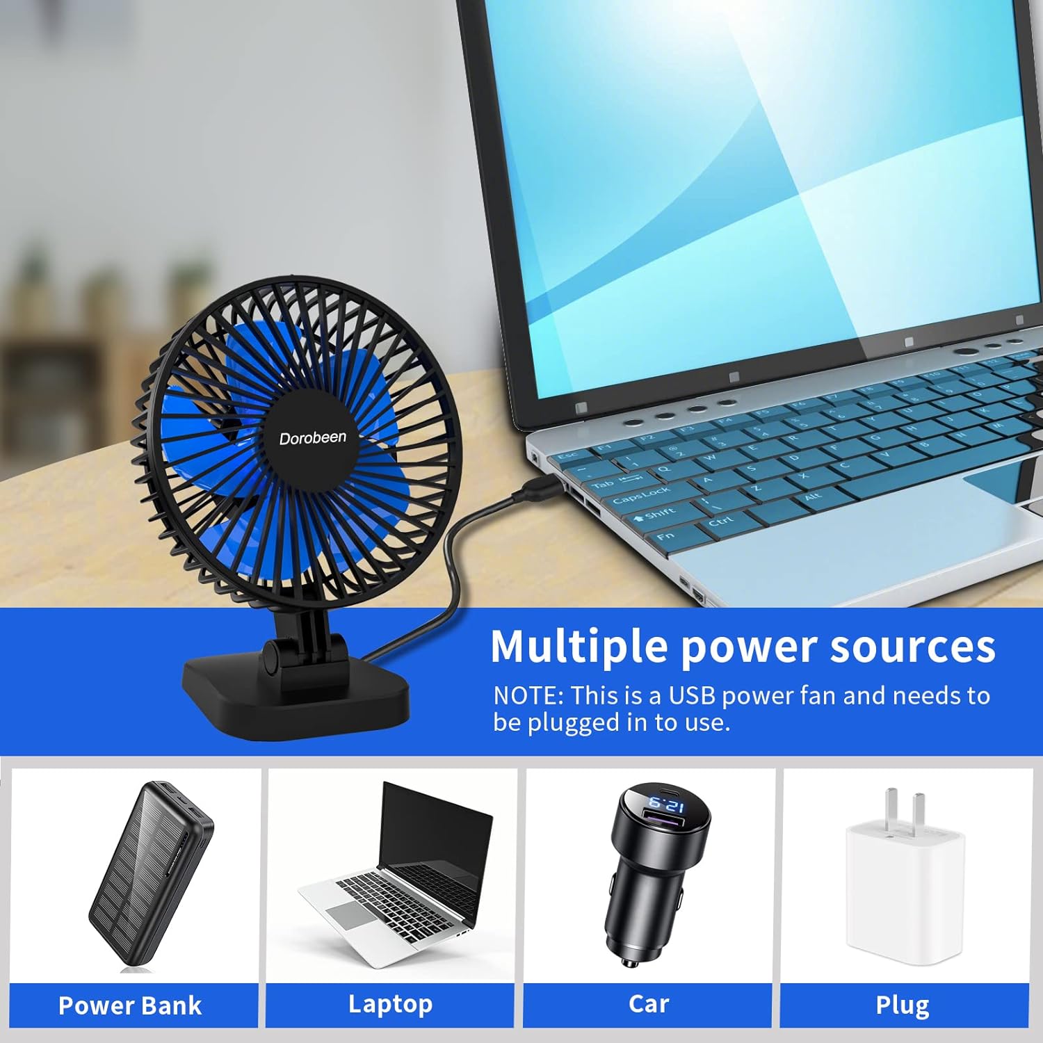 USB fan, small desktop fan, 4-inch (approximately 10.2 cm) silent desktop fan, USB plug, 3-speed, personal fan suitable for office, home, bedroom, study, strong airflow, 40 ° tilt, 4-foot (approximately 1.2 meters) power cord