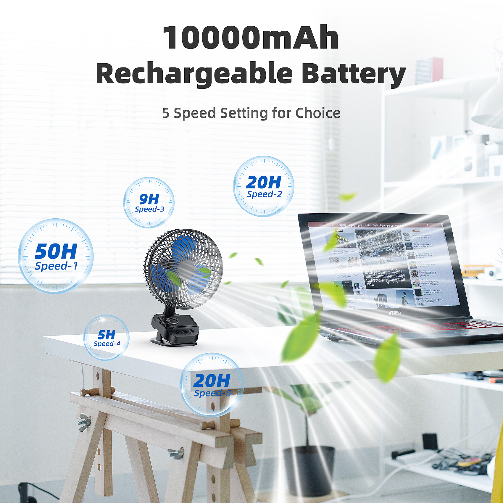 4-in-1 USB fan, 8-inch (approximately 20.3 cm) clip on fan, 1000 mAh rechargeable desktop fan, 5-speed battery powered fan, 45 °/90 ° automatic rotation, 3 settings, with clip and hook, suitable for home, office, bedroom, and bedroom