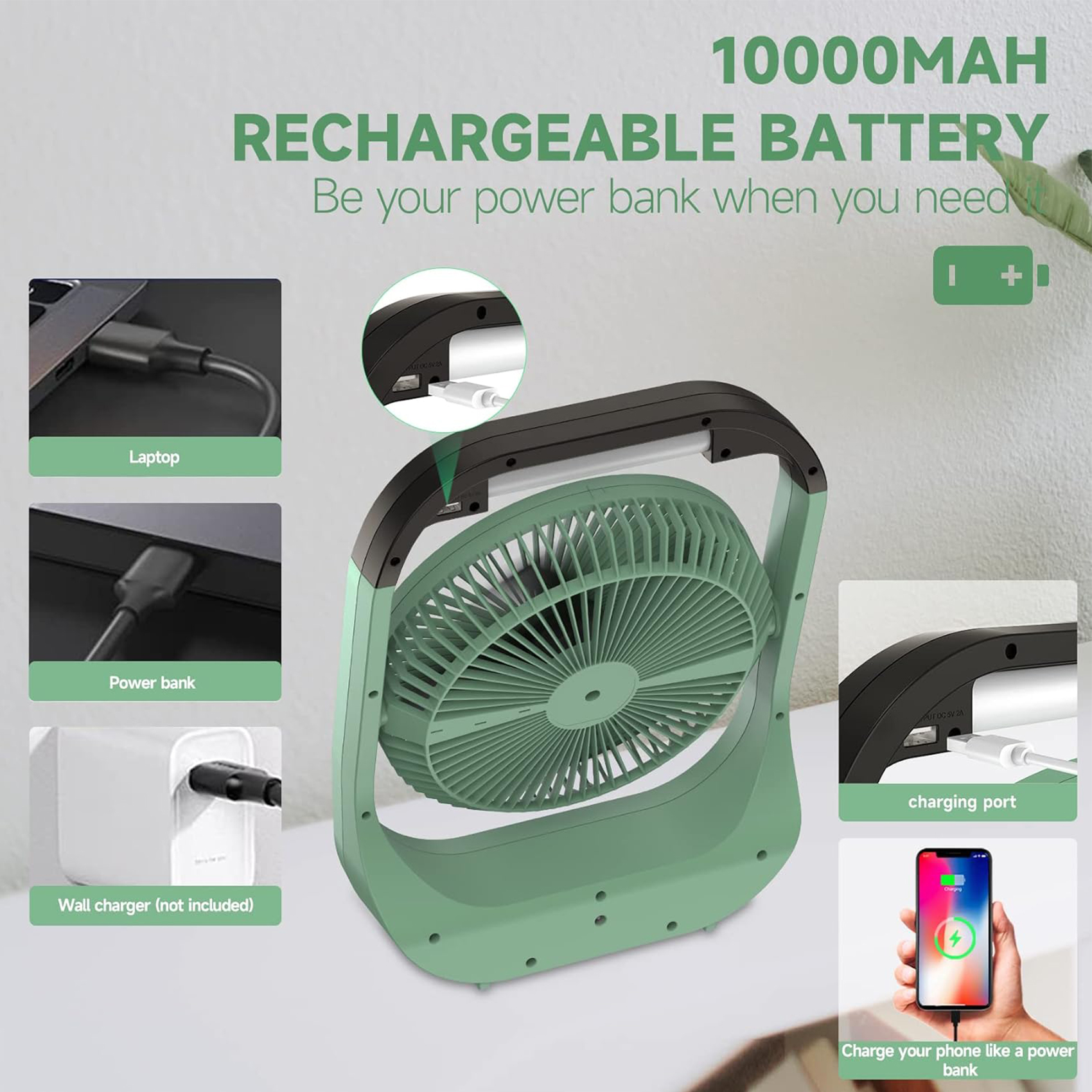 Rechargeable fan, battery powered fan, portable personal fan, battery powered desktop fan, with LED light fan, 8-inch (approximately 20.3 cm) USB fan with timer, mute fan suitable for bedrooms, homes, camping, and outdoor use